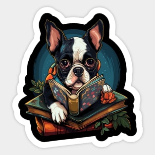 Boston Terrier Reads Book Sticker